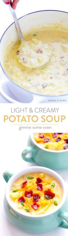 
                    
                        My all-time favorite recipe for classic potato soup!  It's simple to make, lightened up with milk instead of cream, and perfectly creamy and delicious. | gimmesomeoven.com
                    
                