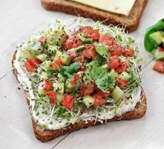 Meatless Monday Recipe: California Sandwich- tomato, avocado, cucumber, cilantro, sprouts & chive spread on whole wheat with pepper jack cheese.