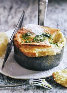 Roasted Garlic  Potato Soufflé with Salsa Verde #food #recipe