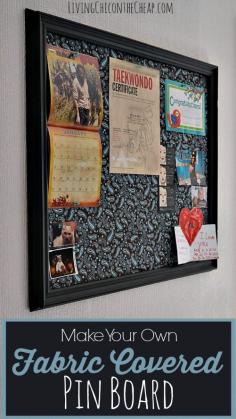 
                    
                        **DIY Fabric Covered Pin Board** Here is a super easy project that you can coordinate with your decor.  You can totally do this project on the cheap if you can find a open frame on Clearance. Ours was marked down to $4! So we have about $10 in this project.  #DIY
                    
                