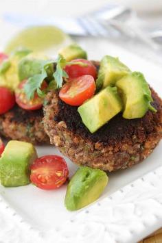 
                    
                        Black Bean Patties with Avocado & Tomato Salsa. A huge hit in our house! Hubby and I ate them as shown, for the older littles we put them on a hamburger bun and they LOVED them! See comment below for some things I did differently.
                    
                