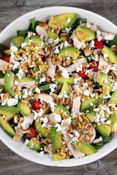 
                    
                        spinach salad with chicken, avocado, and goat cheese
                    
                