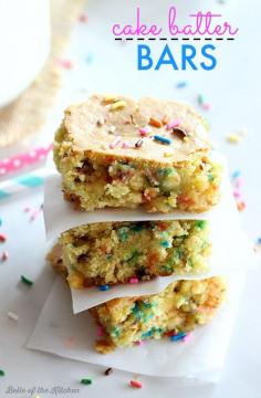 
                    
                        These Cake Batter Bars are chock-full of sprinkles and cake batter flavor! They are easy to make with the help of a cake mix.
                    
                