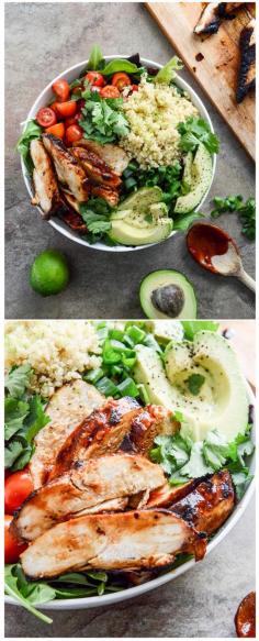 
                    
                        HONEY CHIPOTLE CHICKEN BOWLS - easy, delicious and served with lime quinoa! I howsweeteats.com
                    
                
