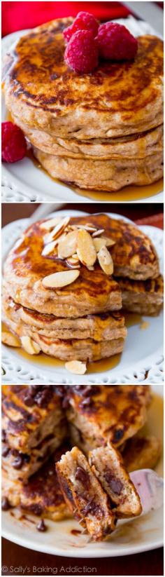 Healthy Whole Wheat Pancakes - that actually taste good. Made with Greek yogurt, oats, whole wheat flour, and not much else. sallysbakingaddiction.com