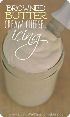BROWNED BUTTER CREAM CHEESE ICING! Oh my.  Best. Frosting. EVER!  Caramelized brown butter adds a richness and depth of flavor to this easy peasy cream cheese icing.  Great tutorial with step by step instructions!