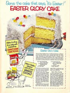 I would have LOVED this as a kid...a super fun, totally easy to make vintage recipe for "Easter Glory Cake" #cake #food #recipes #coconut #candy #jelly #beans #decorated #bunny #rabbit #cute #vintage #retro #Easter #kitsch #1950s #fifties #50s