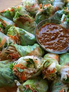 
                    
                        Lettuce spring rolls with spicy peanut sauce.
                    
                