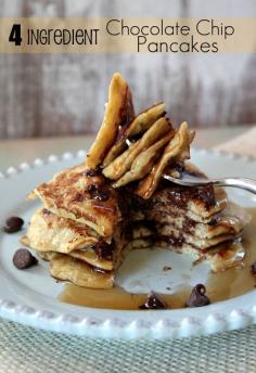 4 Ingredient Chocolate Chip Pancakes.  I made these this morning in 5 minutes!  I didn't think they would taste good but I'm never making banana pancakes the other way again. Super healthy!