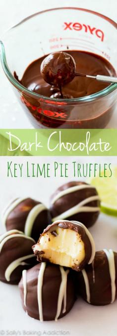 
                    
                        Smooth-as-silk key lime ganache filling enrobed in dark chocolate. These homemade truffles make me weak at the knees!
                    
                