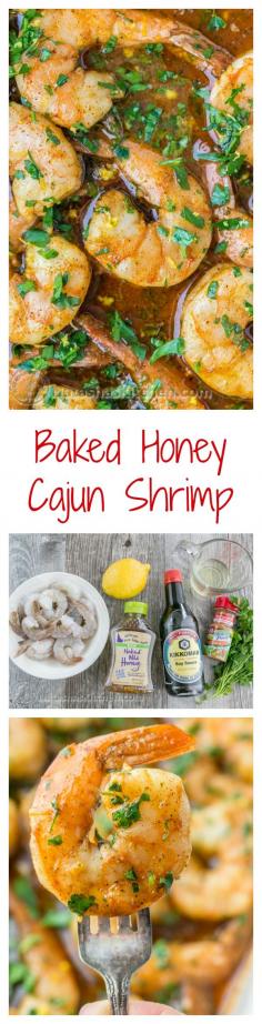
                    
                        Baked Honey Cajun Shrimp. Easy & SO addictive! Great over potatoes, rice or pasta. natashaskitchen
                    
                