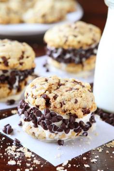 confectionerybliss:  Brown Butter Cake Batter Chocolate Chip Cookie Ice Cream Sandwiches | Kevin And Amanda