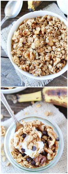 
                    
                        Banana Granola Recipe on twopeasandtheirpo... This granola tastes just like banana bread! Add chocolate chips for an extra special treat!
                    
                