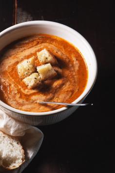 tomato soup recipe... oh my effing god this recipe looked so delish for its plain name. Roast the canned tom in the oven w salt, pepper, n EVOO. Chic broth, celery n carrots n onion, garlic, bay, basil, cream. Puree. makes my tummy rumble... #soup #recipes #food #recipe #healthy