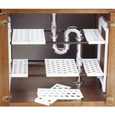 
                    
                        Shelving for under your sink is modular; you can move the shelving segments to fit around your pipes however they are configured.  Genius.  One problem:  the product isn't sold in the US (UK only).
                    
                