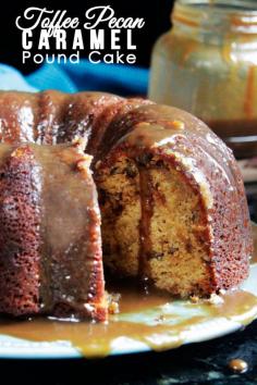 
                    
                        CROWD PLEASING cake! Toffee Pecan Caramel Pound Cake - Moist cake bursting with sweet toffee bits, crunchy pecans and rich creamy caramel in every bite! AMAZING!
                    
                