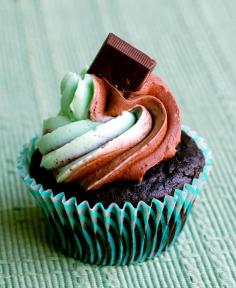 
                    
                        Perfect for St. Patrick's Day: Dark Chocolate Creme de Menthe Cupcakes, topped with Andes mints.
                    
                
