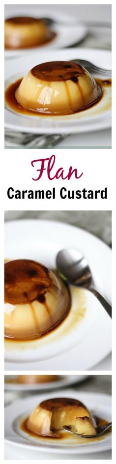 
                    
                        Flan or caramel custard recipe. Easy, sweet, silky smooth egg custard with caramel sauce. SO YUMMY | rasamalaysia.com
                    
                