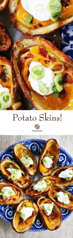 
                    
                        Potato Skins! Crispy cheese potato skins, baked to a crisp, then topped with cheddar cheese, bacon, sour cream and green onions.  #superbowl #gameday ~ SimplyRecipes.com
                    
                