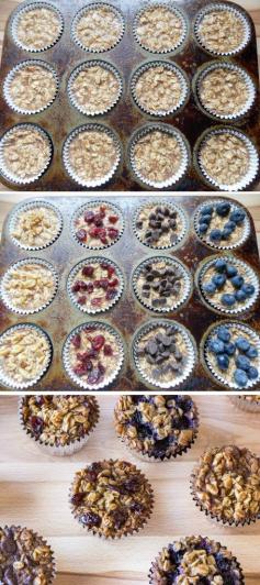 
                    
                        To-Go Baked Oatmeal with Your Favorite Toppings To make healthier: use less sugar and add in flax, etc
                    
                
