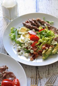 
                    
                        Grilled Steak Cobb Salad with Creamy Dijon Vinaigrette with avocado, boiled eggs, blue cheese dressing, cherry tomatoes and more!
                    
                