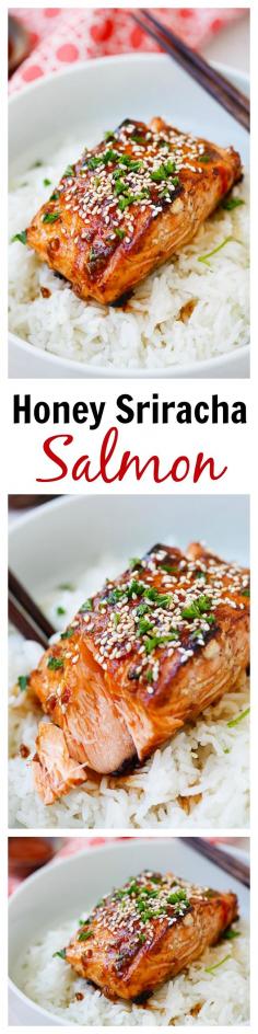 
                    
                        Honey Sriracha Salmon - easy, spicy, sweet, and savory, this glazed salmon recipe is awesome, from the skinnytaste cookbook | rasamalaysia.com
                    
                