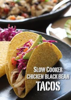 Slow Cooker Chicken Black Bean Tacos:  This easy taco recipe requires no pre-cooking, just throw it all in the crock pot and you'll have a delicious weeknight meal. Black beans and chicken breast, simmered in the slow cooker make the perfect filling for tacos, burritos, enchiladas, or even a burrito bowl and it's loaded with #better health solutions| http://happyhalloweencostumeslinda.blogspot.com