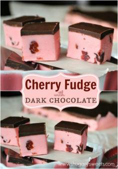 Soft Cherry Fudge recipe topped with a dark chocolate ganache! Cute idea for Christmas. For more festive colors you can use white fudge for the 'fudge' OR you can totally do Mint Chocolate fudge. :)