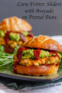 
                    
                        Corn Fritter Sliders with Avocado and Enchilada Sauce on Pretzel Buns  |  Life Currents
                    
                