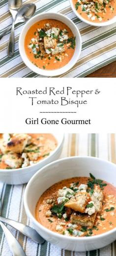 
                    
                        Creamy roasted red pepper & tomato bisque garnished with homemade croutons and blue cheese crumbles - from www.girlgonegourm...
                    
                