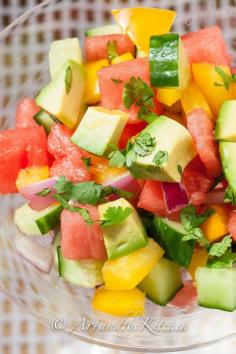 
                    
                        Cucumber Watermelon Summer Salad | Art and the Kitchen - this light and refreshing salad combines the great taste of avocados, cucumbers and watermelon in a cilantro tequila avocado oil dressing!
                    
                