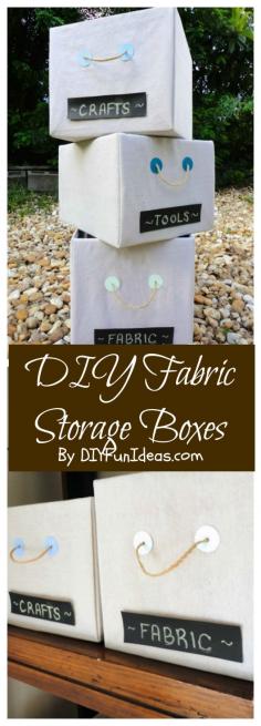 How To Make DIY Fabric covered storage boxes.  Brilliant use of miscellaneous boxes and drop cloth!
