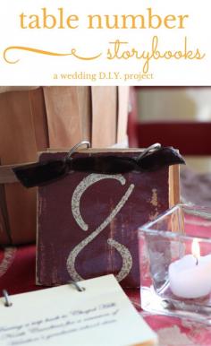 
                    
                        DIY Wedding Table Number "Storybooks" - name your table for a special time or place and tell guests the story behind it! www.heatherednest...
                    
                