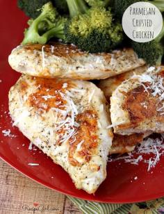 Parmesan Crusted Chicken Breasts #recipe - RecipeGirl.com:  just 3 ingredients, and such an easy, delicious dinner idea.