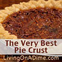 
                    
                        I admit it, I hate pie crust, that is all pie crust except mom’s “very best” pie crust! It seems like it is usually so difficult to make a pie crust that tastes great and also has a good texture. Here’s mom’s famous homemade pie crust recipe which really is the VERY BEST! Make some extra to freeze and use later and you’ll cut your preparation time for your next pie!  The best part is that it's less than 25 cents to make it! www.livingonadime...
                    
                