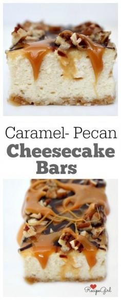 
                    
                        Caramel Pecan Cheesecake Bars Recipe: a delicious cheesecake bar recipe with drippy, drizzled caramel and crunchy pecans.  Yum!
                    
                