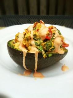 
                    
                        healthy, clean, and low-carb: spicy chicken, spinach & tomato stuffed avocado with a sriracha-greek yogurt sauce
                    
                