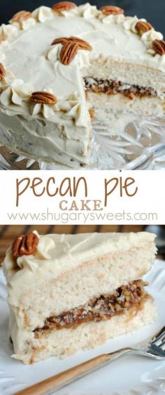 
                    
                        Pecan Pie Cake: double layer spice cake, from scratch, with a pecan pie filling and brown sugar frosting! This is a must have dessert!!! #thinkfisher
                    
                