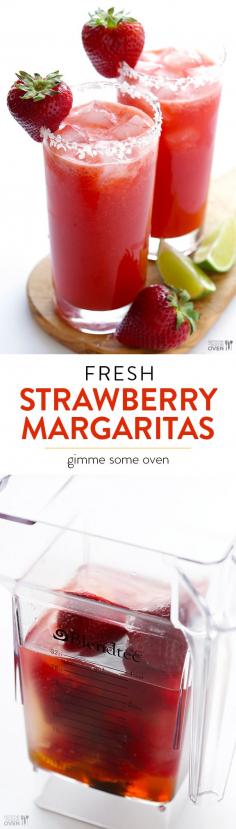 
                    
                        Fresh Strawberry Margaritas -- grab some sweet fresh strawberries, toss everything in a blender, and you'll have tasty margs in no time! | gimmesomeoven.com
                    
                