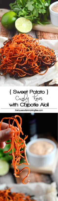 
                    
                        Homemade Sweet Potato Curly Fries with Chipotle Lime Aioli are a healthier spin off the classic sweet potato fry. Crispy, sweet, spicy and irresistible! #paleo #healthier #spiralized #fries
                    
                