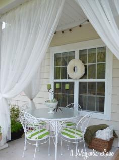 
                    
                        Create a welcoming space for relaxing or entertaining on your back porch, deck or patio by adding a basket full of throw blankets and extra pillows and a few containers of fresh herbs to use in spring recipes.  Eating al fresco is much more pleasant when you use sheer curtains to keep the bugs away--just untie them when you're dining, then swag them back when you're finished.  Your outdoor space doesn't have to be big to be functional and beautiful!
                    
                