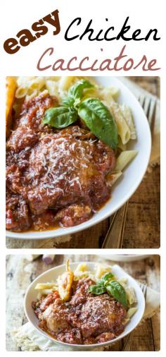 
                    
                        Tender chicken slow simmers in a robust tomato sauce in this classic and easy Chicken Cacciatore with Pasta.
                    
                