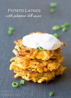 
                    
                        Crispy Potato Latkes with Jalapeño Dill Sauce #spring #potato #easter #appetizer
                    
                