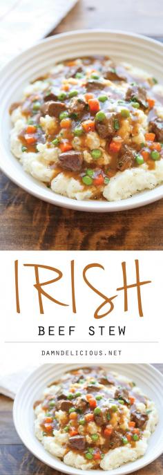 
                    
                        Irish Beef Stew - Amazingly slow-cooked tender beef with garlic mashed potatoes - comfort food at its best, and something you'll want all year long!
                    
                