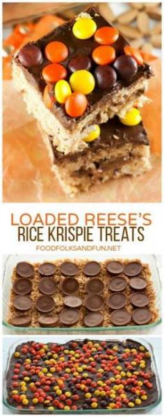 
                    
                        REESE'S Rice Krispie Treats loaded with REESE'S Peanut Butter Cups and REESE'S Pieces. They're the perfect treat for REESE'S lovers!
                    
                