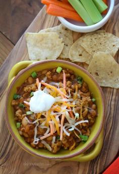 Buffalo Chicken and Bean Chili | Skinnytaste: Nice twist on the classic.  Use Blazin' Buffalo instead of hot sauce and either chipotle lime or fajita seasoning for the spices. Perfect for game day!!
