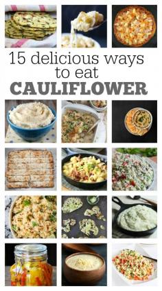 
                    
                        15 Delicious Recipes Using Cauliflower:  cauliflower pizza crust, cauliflower tortillas, cauliflower hummus, cauliflower mac and cheese, cauliflower soup, and much more!
                    
                
