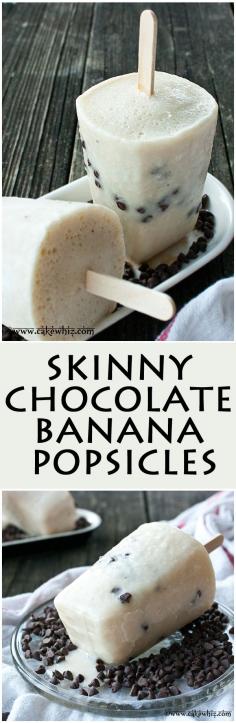 Skinny chocolate banana popsicles... made with only FOUR healthy ingredients! They also have NO added sugars, artificial sweeteners or colors!  From cakewhiz.com
