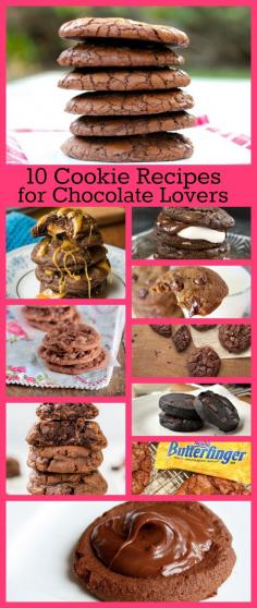 
                    
                        10 Cookie Recipes for Chocolate Lovers - Chocolate-Malted Chip, Chocolate Butterfinger Brownie, Fudgy Pudding Cookies, Chocolate Truffle Cookies and MORE! #cookies #recipes #chocolate
                    
                