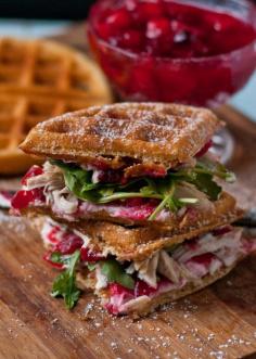 Waffled Cranberry Cream Cheese Turkey Sandwiches . Wow- Ingredients For the waffles: 1½ cups white whole wheat flour 2 teaspoons baking powder ½ teaspoon Kosher salt 2 Tablespoons sugar ⅓ cup unsalted butter 1½ cups lukewarm buttermilk 1 large egg 1 teaspoon vanilla extract For the sandwiches: Leftover sliced turkey Leftover Cranberry Sauce Cream Cheese Arugula Powdered sugar, for dusting (optional)